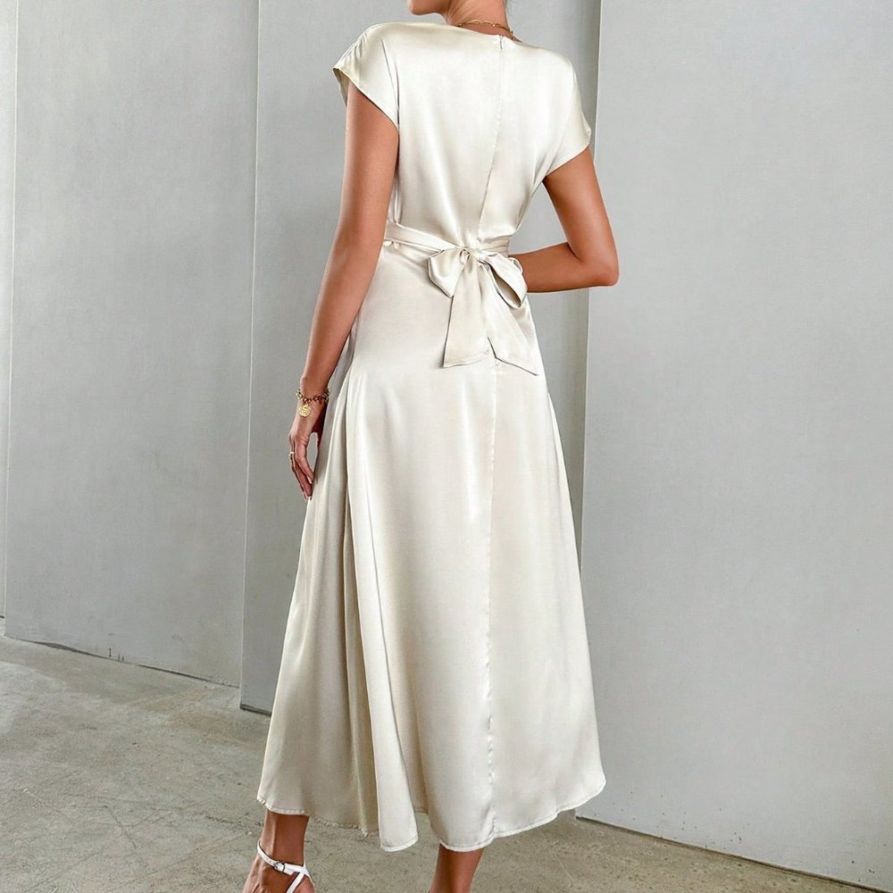 Apricot Casual Womens Solid Criss Cross Front Satin A-line Dress - Picture 2 of 5